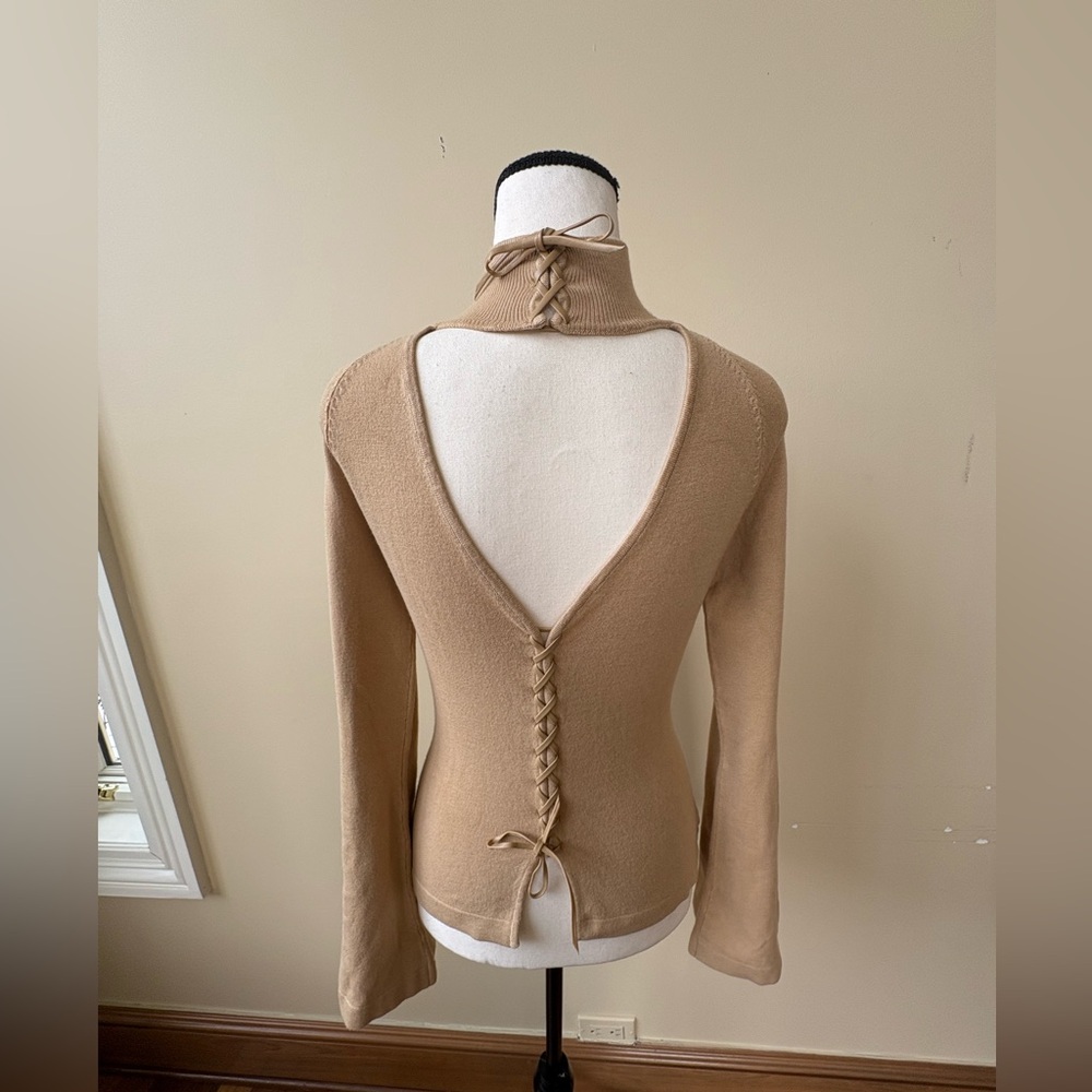 Beige Long Sleeve Sweater with Lace-Up Detail